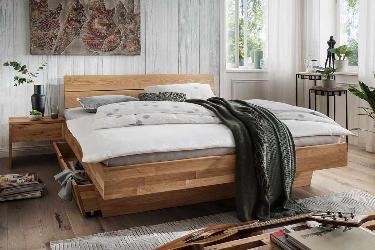 Schwebebett aus Holz mit Stauraum bzw. Bettkasten oder Schublade